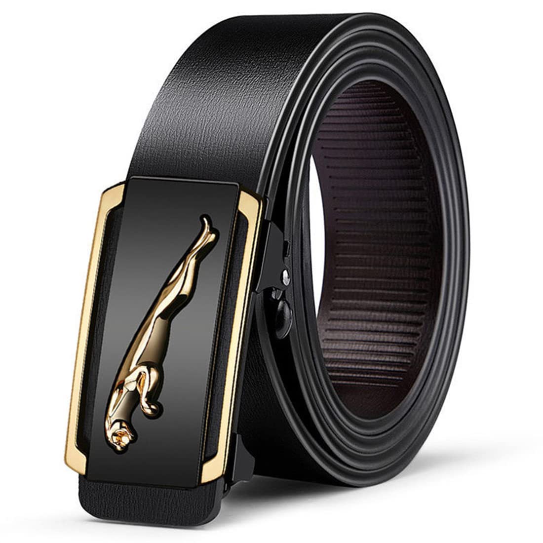 GUSTAVE Men's Belt Adjustable Auto with Lock Buckle Belt Black Belt for Men Leather Belt, Fashion Golden Leopard Pattern Design-Long 125cm GUSTAVE Men's Belt Adjustable Auto with Lock Buckle Belt Black Belt for Men Leather Belt, Fashion Golden Leopard Pattern Design-Long 125cm
